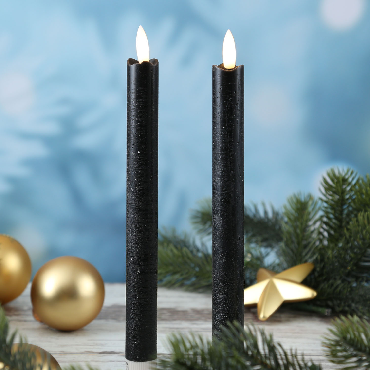 LED Stabkerzen Flamme - Echtwachs - flackernde warmweisse LED - H- 25cm - Timer - schwarz - 2er Set LED Stabkerzen Flamme - Echtwachs - flackernde warmweisse LED - H- 25cm - Timer - schwarz - 2er Set