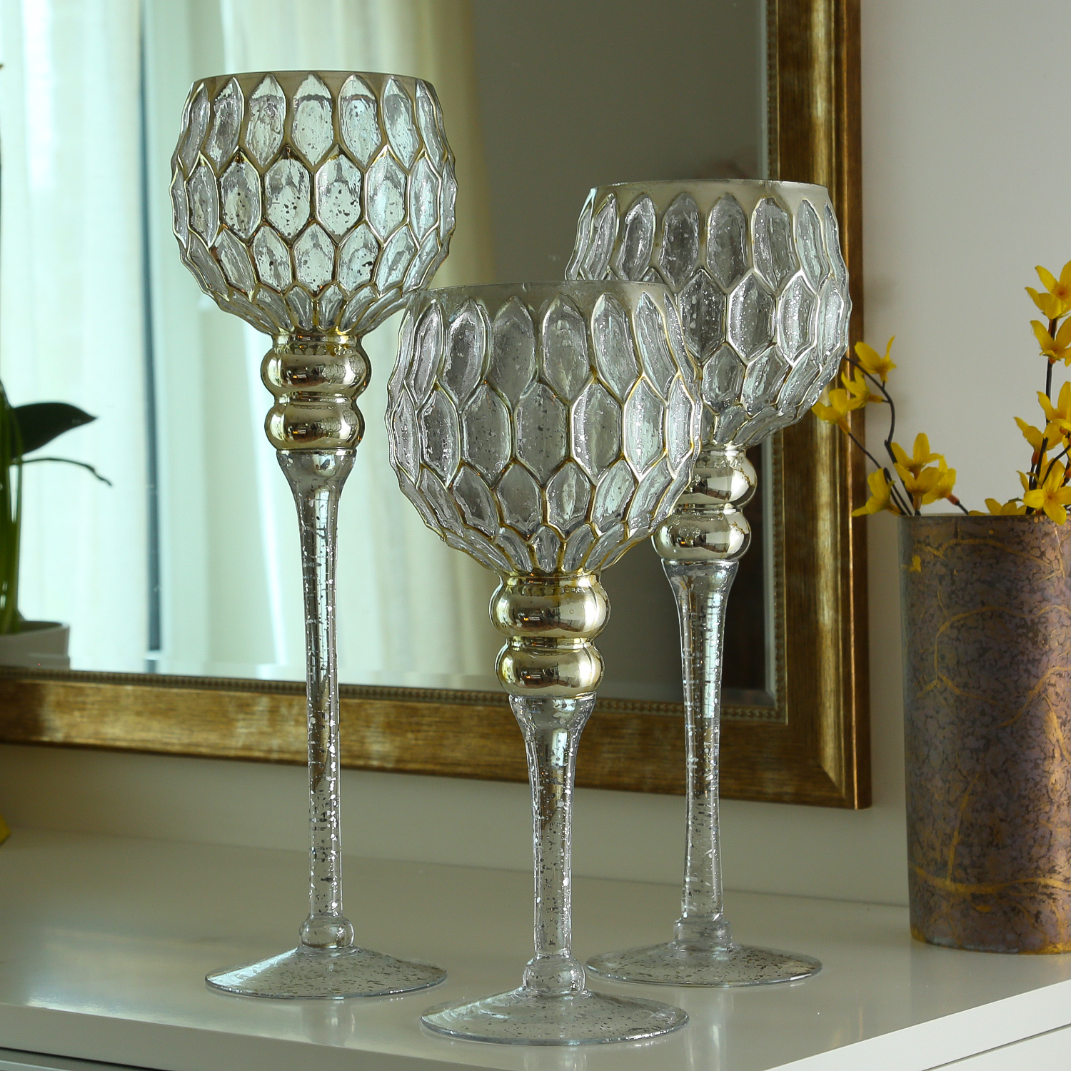 Kerzenhalter Kelch CORDOBA - Glas - H: 30,5cm, 34,5cm, 40cm - gold - 3er Set