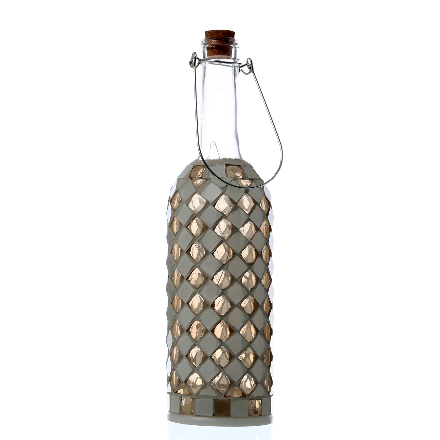 LED Dekoflasche BO mit Mosaiksteinen - warmweiße LED an Drahtlichterkette - H: 29,5cm - beige