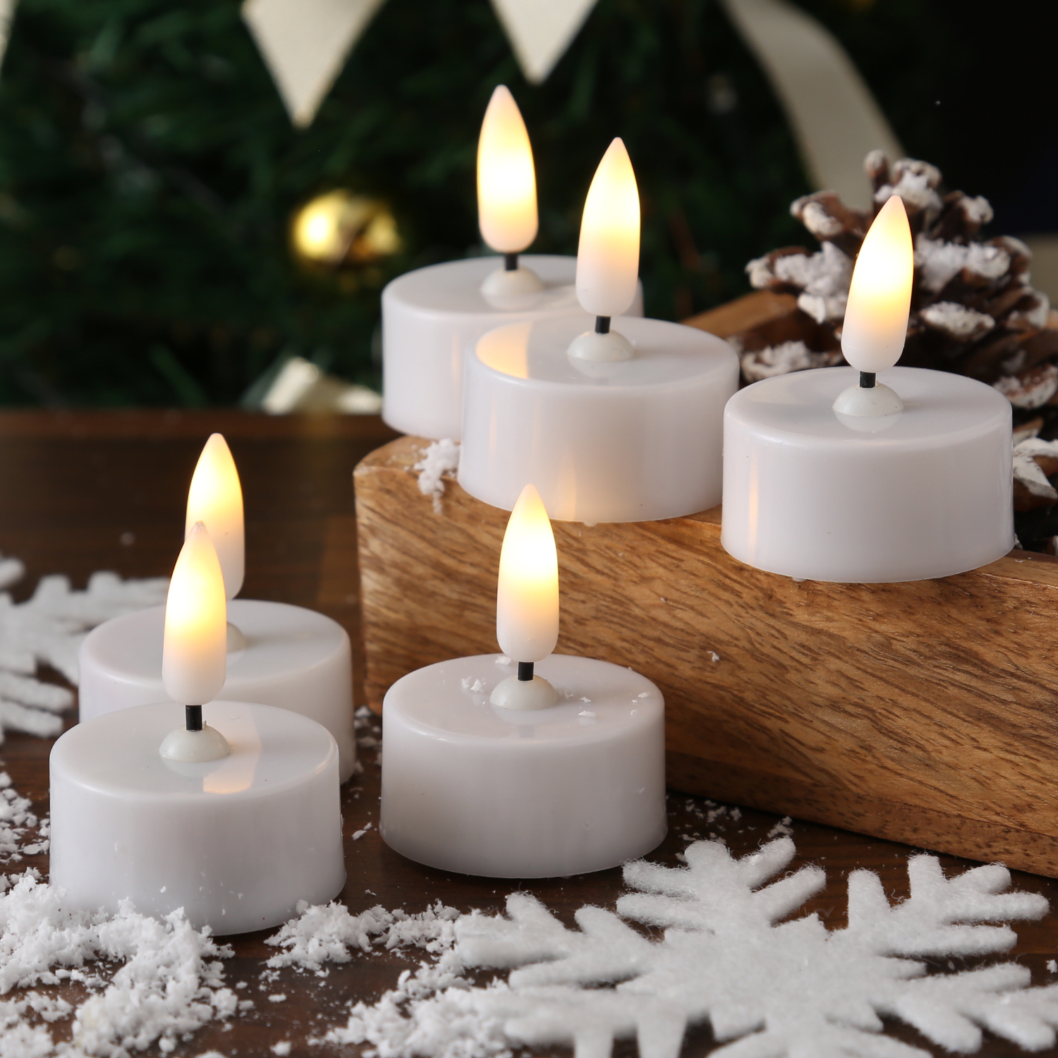 LED Teelichter - flackernde 3D Flamme - Batteriebetrieb - D: 3,8cm, H: 4,7cm - weiß - 6er Set