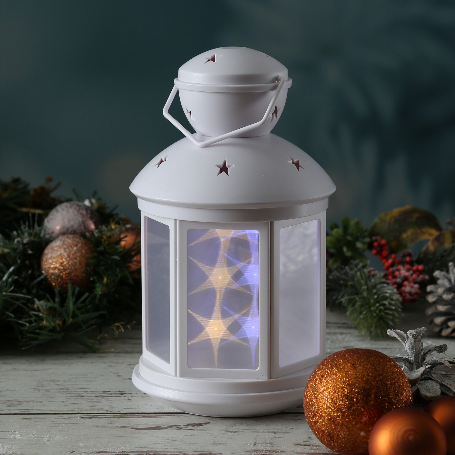 LED Laterne - weiße Sternenmuster - bewegt/Dauerleuchten - H: 22cm - Batteriebetrieb - weiß LED Laterne - weiße Sternenmuster - bewegt/Dauerleuchten - H: 22cm - Batteriebetrieb - weiß