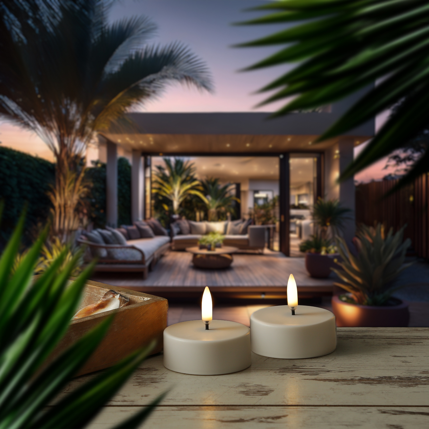LED Maxi Teelichter - 2 wiederaufladbare LED Teelichter mit Ladestation - Timer - für Außen