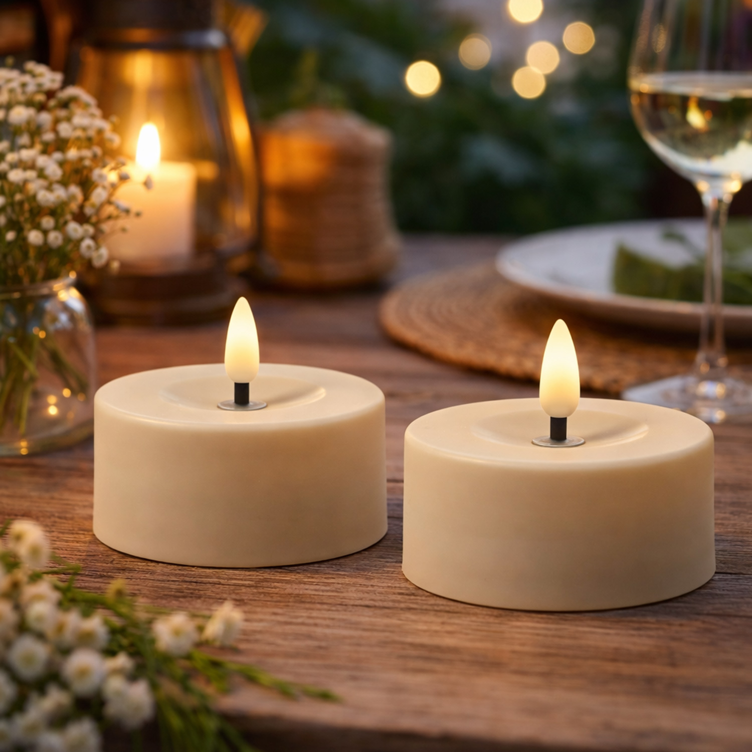 LED Solar Maxi Teelichter - XL Outdoor Teelichter - D: 7cm - Lichtsensor - creme - 2er Set