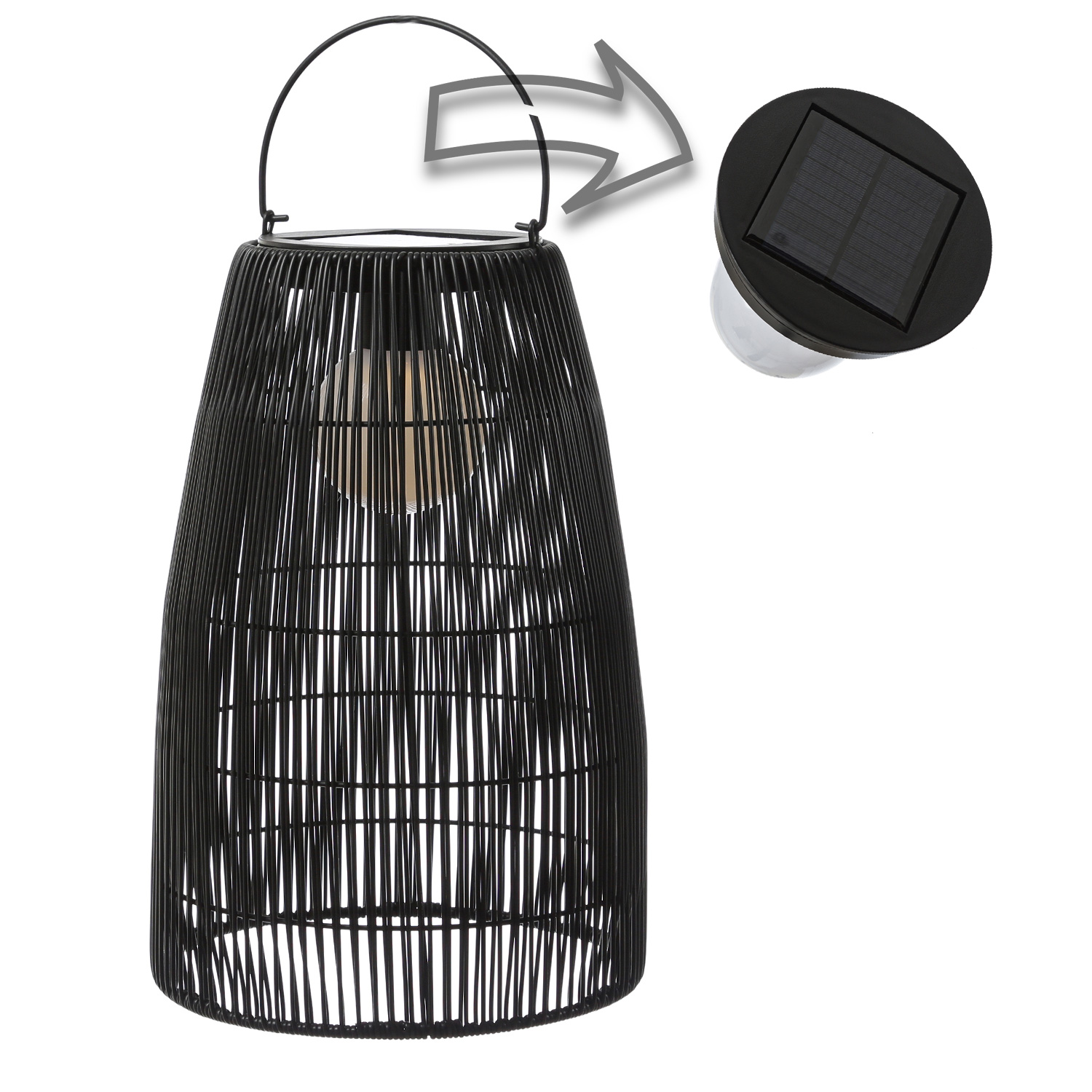 LED Solar Laterne-Haengeleuchte - Rattanoptik  - warmweisse LED - H- 43cm - Lichtsensor - schwarz