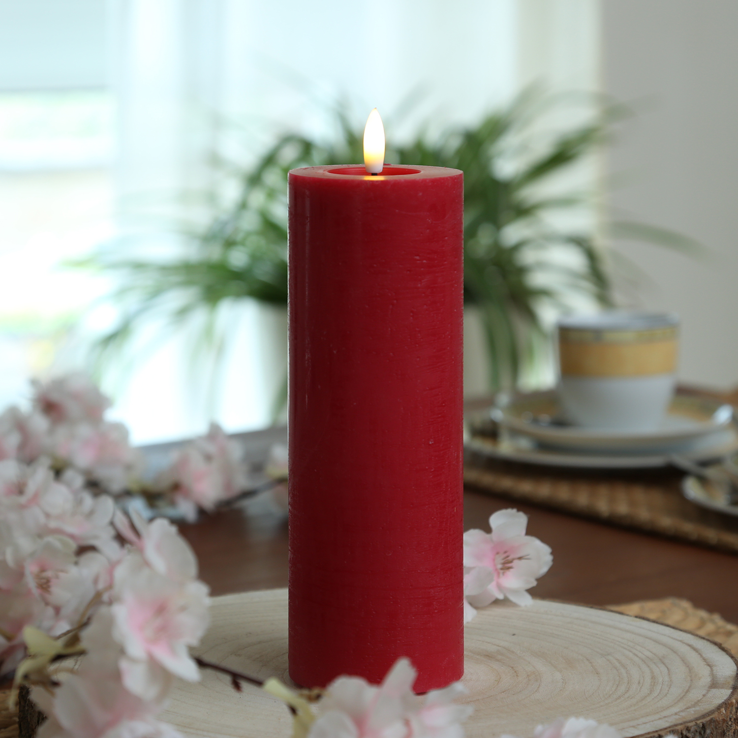 LED Kerze LINA - Rustik-Optik - Echtwachs - 3D Flamme - H: 20cm - D: 7cm - Batterie - Timer - rot