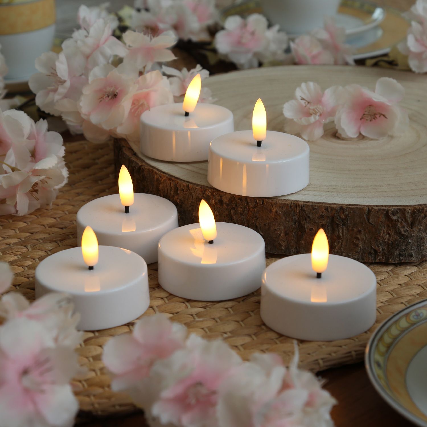 LED Maxi Teelichter - flackernde 3D Flamme - Kunststoff - Timer - D: 5,8cm - weiß - 6er Set