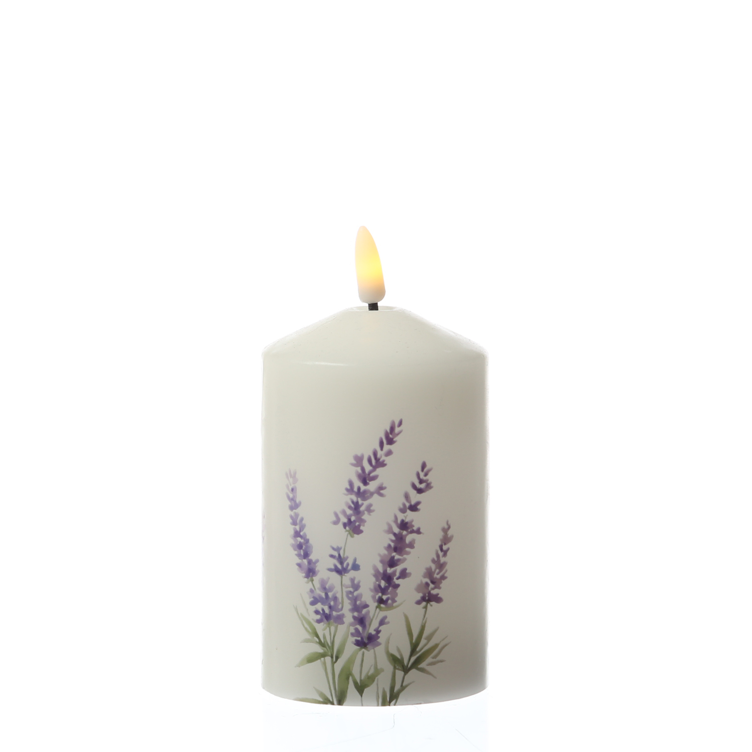 LED Kerze mit Lavendel Motiv - Echtwachs - H: 14,5cm - D: 7cm - Batteriebetrieb - Timer