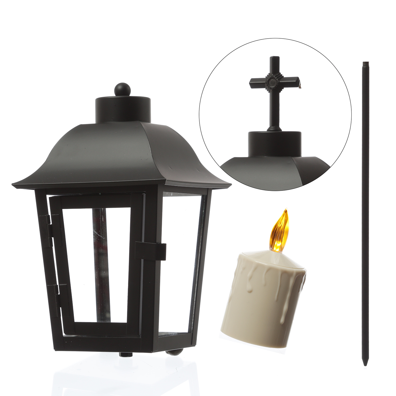 Grablaterne mit beiger LED Kerze - Grablampe mit 2 wechselbaren Spitzen/Erdspieß - H: 51cm - schwarz