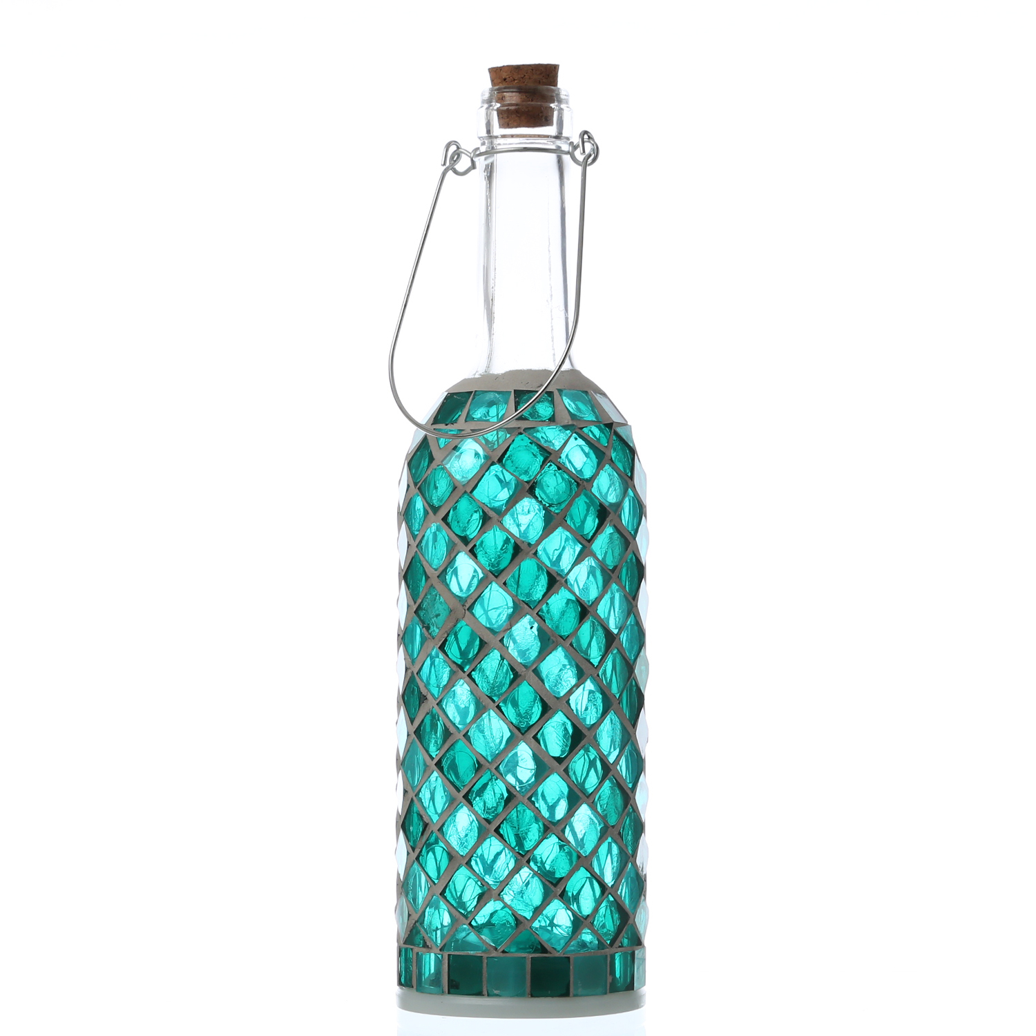 LED Flasche mit Mosaiksteinen - 10 warmweiße LED an Drahtlichterkette - H: 29,5cm - grün