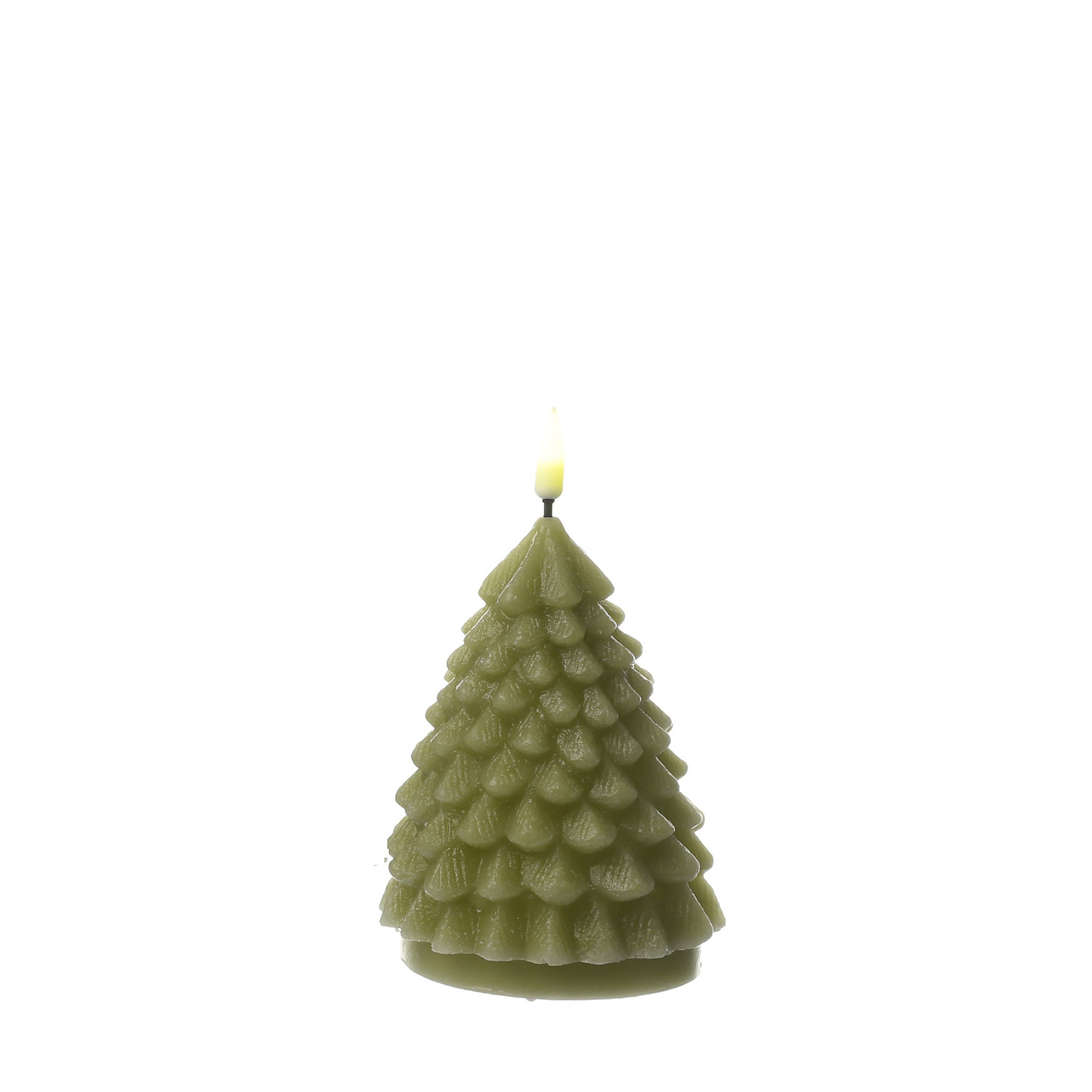 LED Kerze Tannenbaum - Echtwachs - flackernde 3D Flamme - H: 11cm - D: 8cm - hellgrün