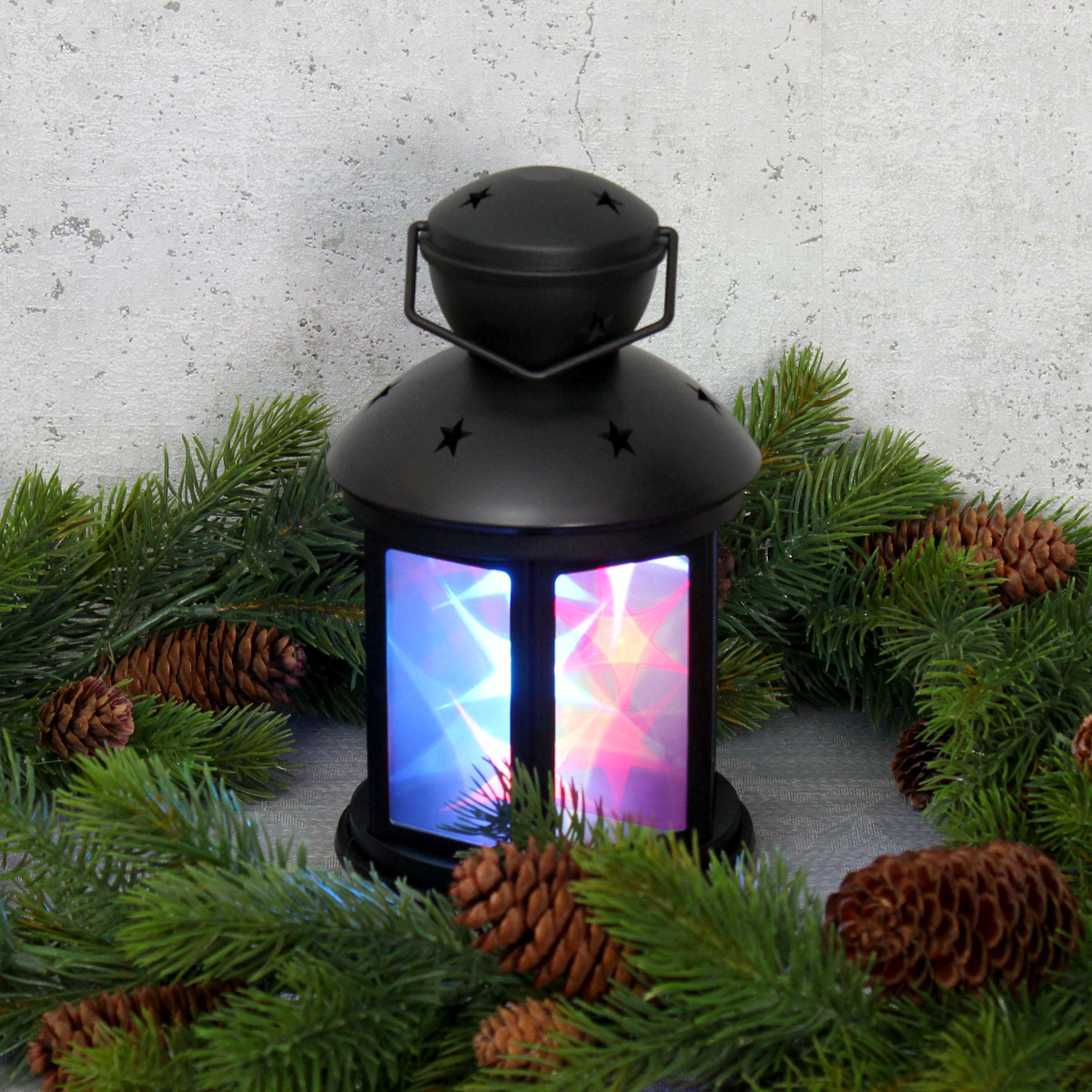 LED Laterne - farbiges bewegtes Sternenmuster - H: 22cm - Batteriebetrieb - schwarz LED Laterne - farbiges bewegtes Sternenmuster - H: 22cm - Batteriebetrieb - schwarz