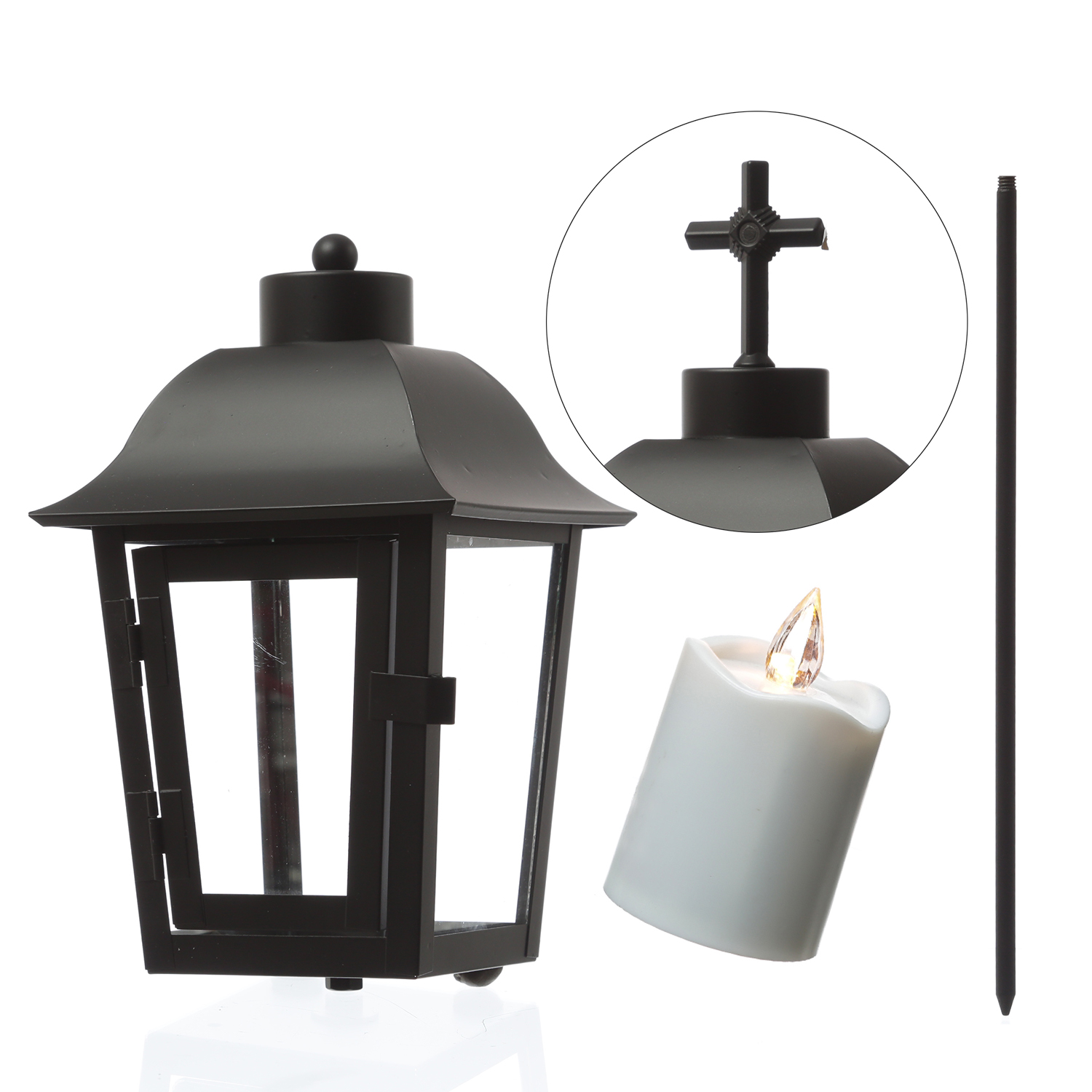 Grablaterne mit weißer LED Kerze - Grablampe mit 2 wechselbaren Spitzen/Erdspieß - H: 51cm - schwarz