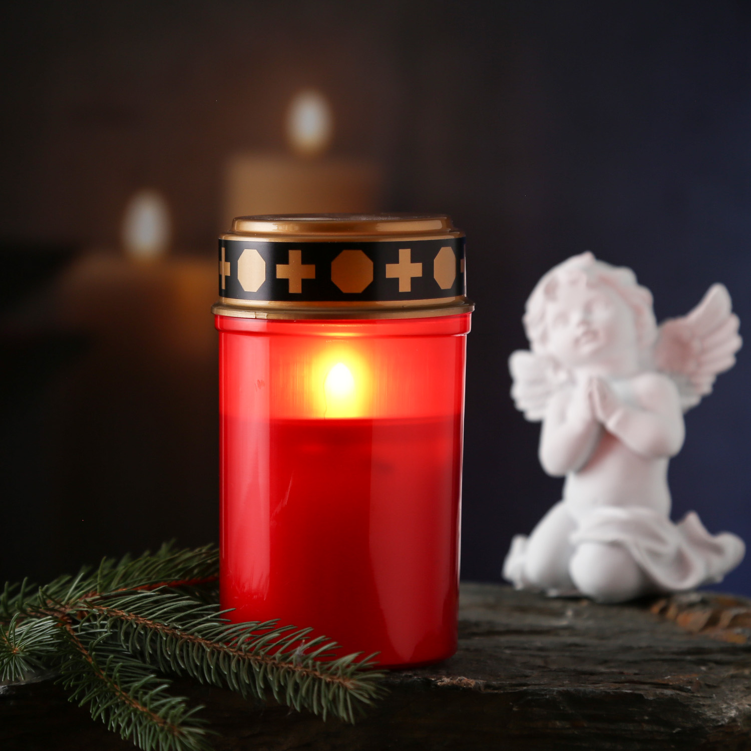 LED Grablicht - Grabkerze - gelb flackernde Flamme - H. 12,5cm - für Außen - rot mit Deckel LED Grablicht - Grabkerze - gelb flackernde Flamme - H. 12,5cm - für Außen - rot mit Deckel