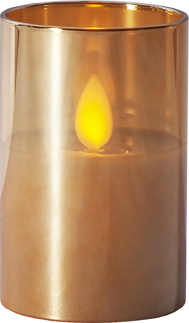 LED Windlicht "Twinkle" - Echtwachs - bewegte, gelbe Flamme - Timer - H: 7,5cm - goldbraunes Glas