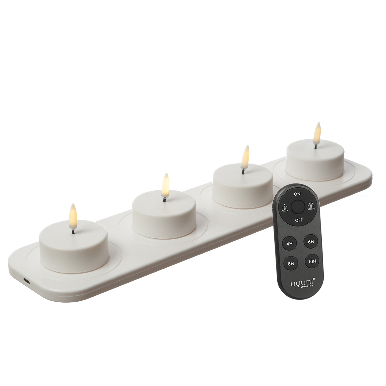 LED Maxi Teelichter - 4 wiederaufladbare LED Teelichter mit Ladestation/Fernb. - Timer - für Außen