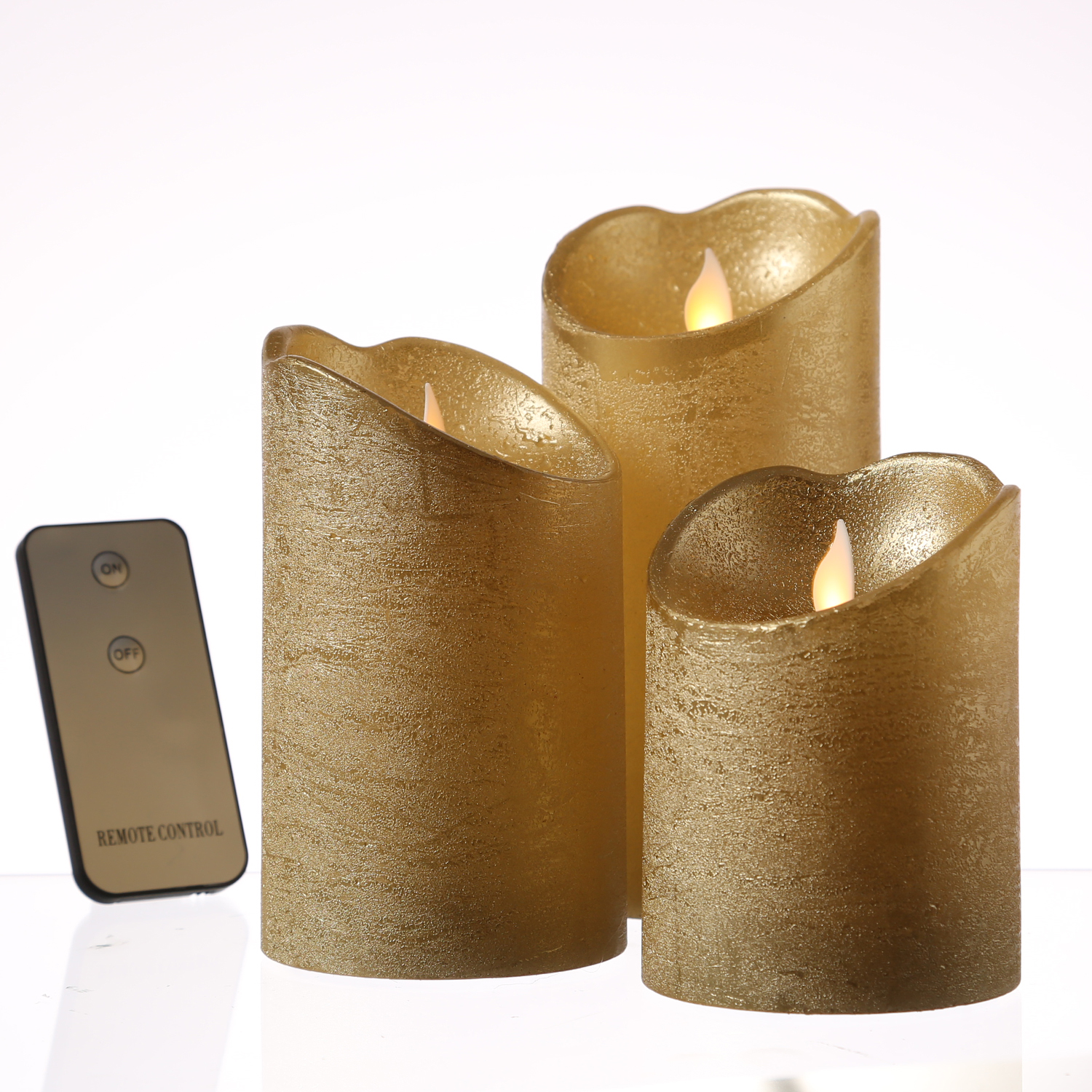 LED Kerzenset M-TWINKLE - Echtwachs - mechanisch bewegte Flamme - Fernbedienung - gold - 3er Set