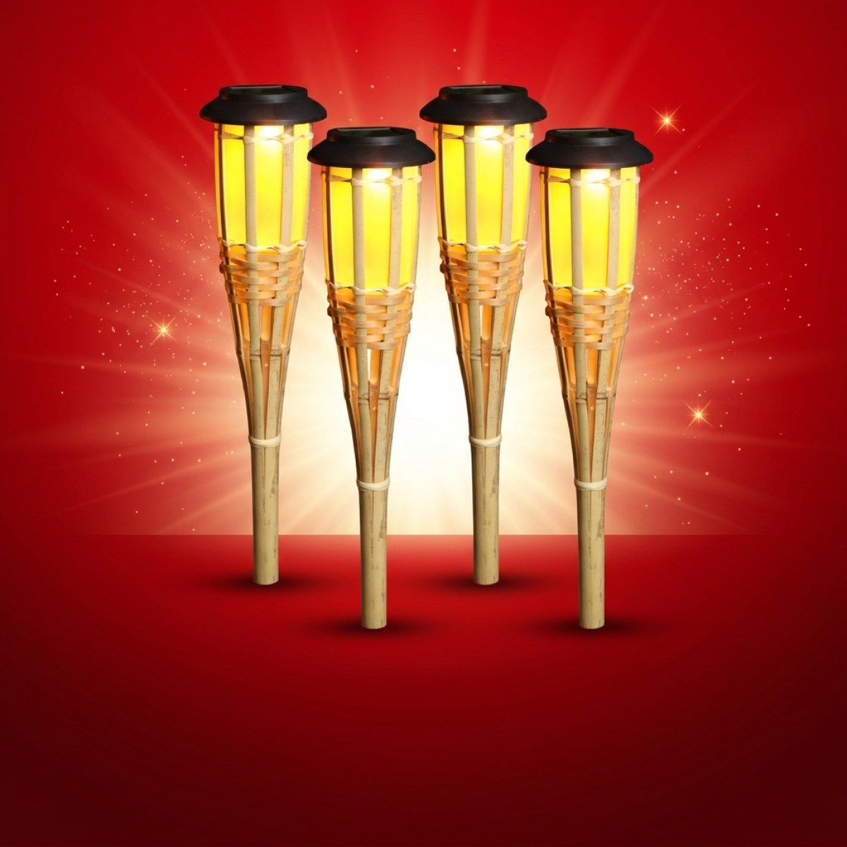 LED Solar Gartenfackel - Bambus - simulierter Flammeneffekt - H: 60cm - Lichtsensor - 4er Set