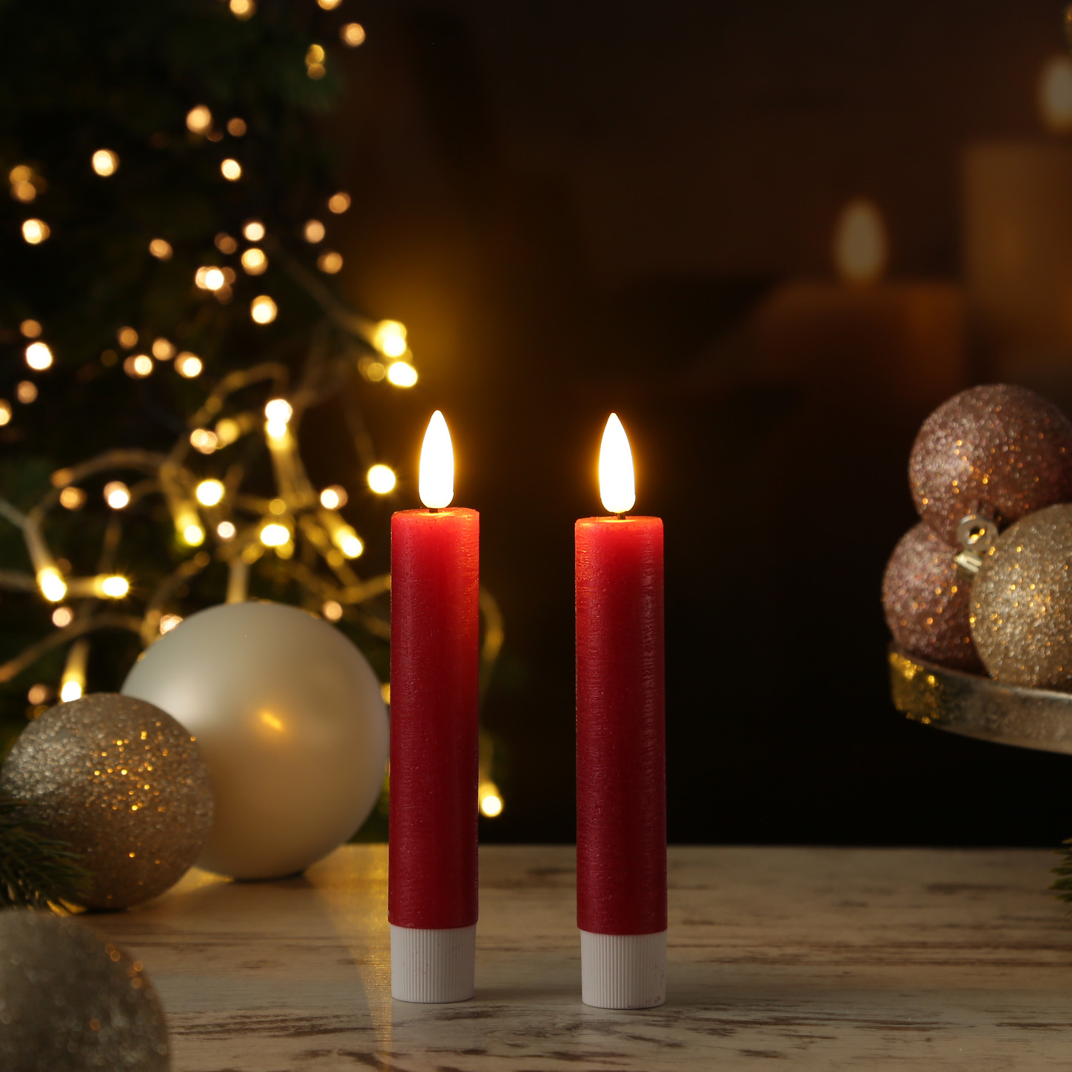 LED Stabkerzen LINA - Rustik-Optik - Echtwachs - 3D Flamme - H: 16cm - Timer - rot - 2er Set