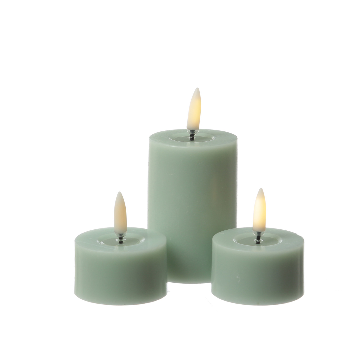 LED Mini Kerze THEA - Echtwachs - Wachsspiegel - D: 5cm - H: 7,5cm - Timer - salbeigrün LED Mini Kerze THEA - Echtwachs - Wachsspiegel - D: 5cm - H: 7,5cm - Timer - salbeigrün