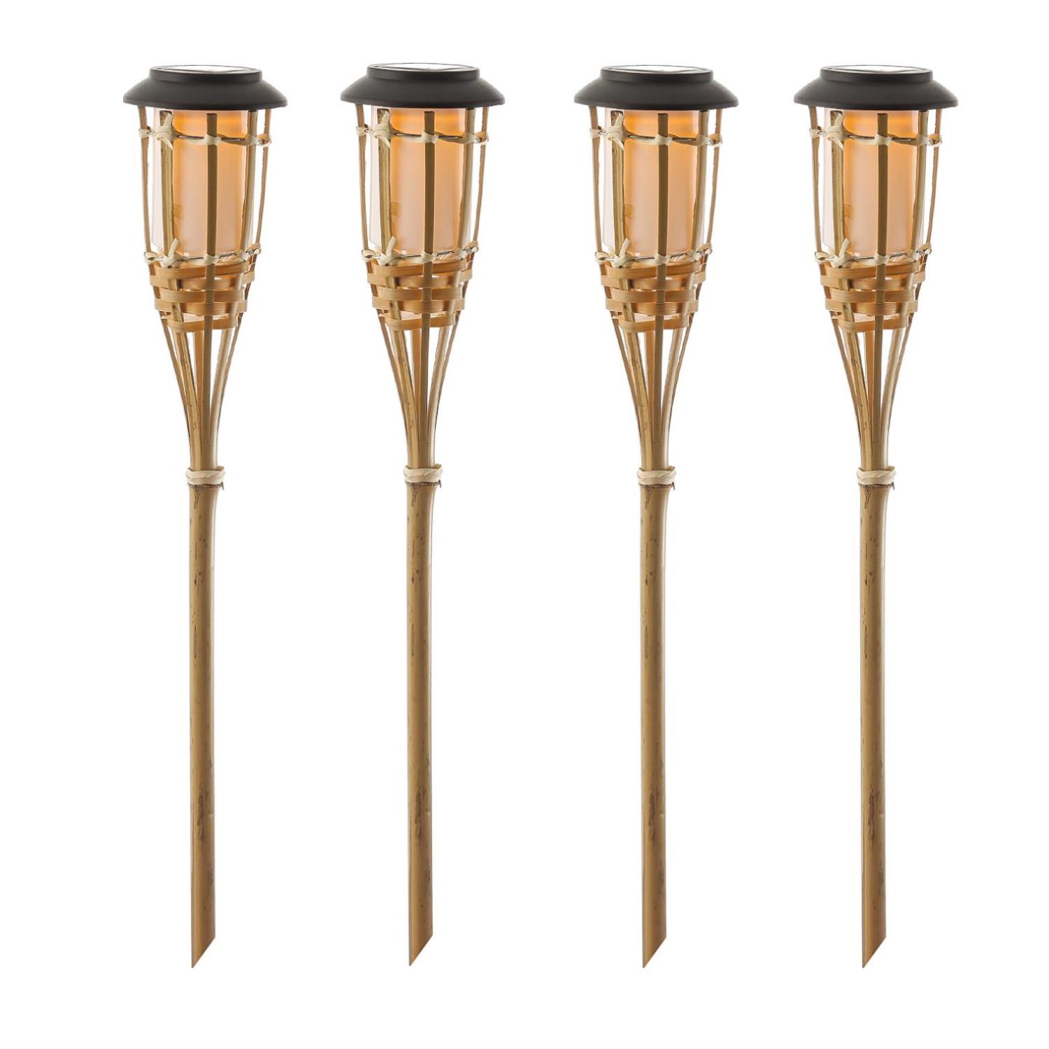 LED Solar Gartenfackel - Bambus - simulierter Flammeneffekt - H- 60cm - Lichtsensor - 4er Set