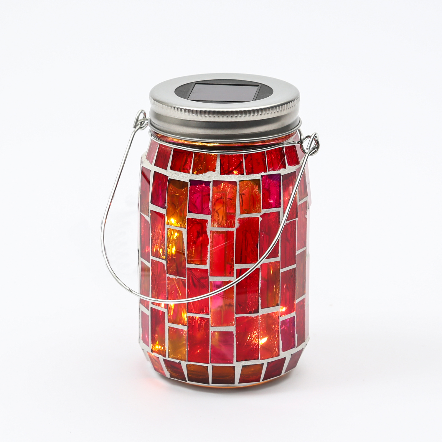 LED Solar Glas - Einmachglas mit Mosaiksteinchen - mit Henkel - H: 13,5cm - Lichtsensor - rot