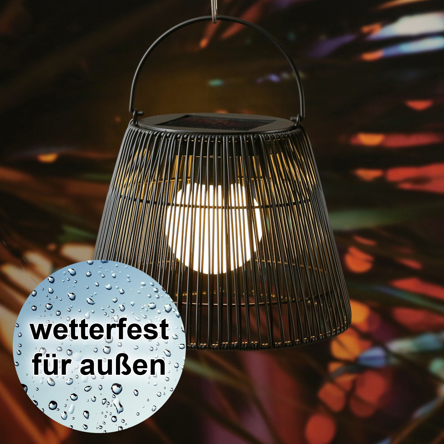 LED Solar Laterne-Haengeleuchte - Rattanoptik  - warmweisse LED - H- 22cm - Lichtsensor - schwarz LED Solar Laterne-Haengeleuchte - Rattanoptik  - warmweisse LED - H- 22cm - Lichtsensor - schwarz