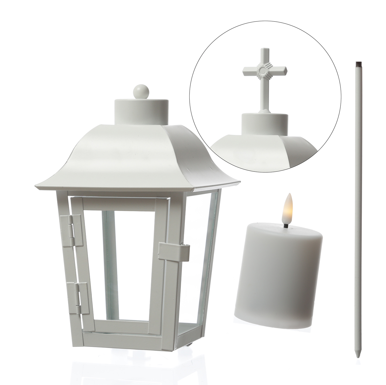 Grablaterne mit Mini LED Kerze - Grablampe mit 2 wechselbaren Spitzen/Erdspieß - H: 51cm - weiß