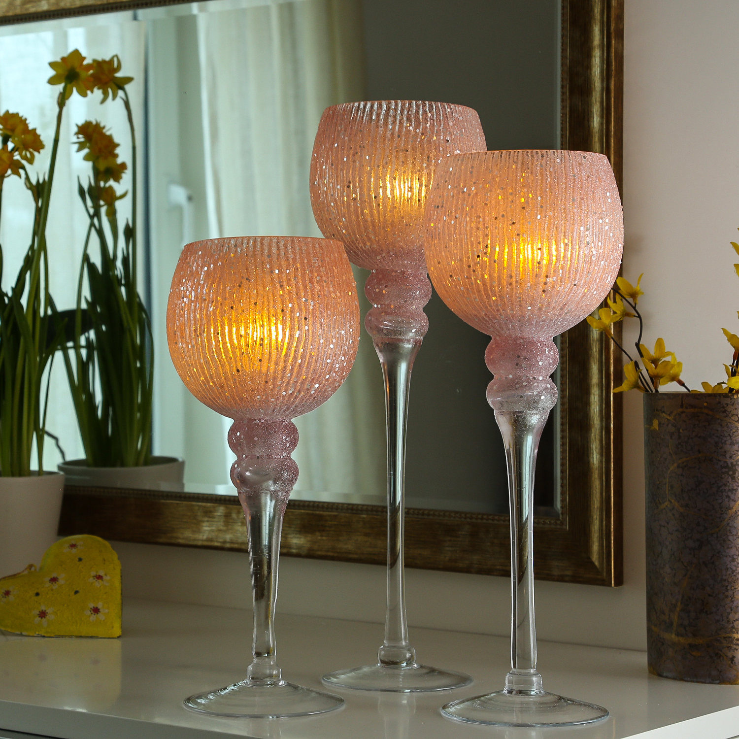 Kerzenhalter Kelch FLORENZ - Glas - H: 30cm, 34,5cm, 40cm - rosa, silber - 3er Set Kerzenhalter Kelch FLORENZ - Glas - H: 30cm, 34,5cm, 40cm - rosa, silber - 3er Set