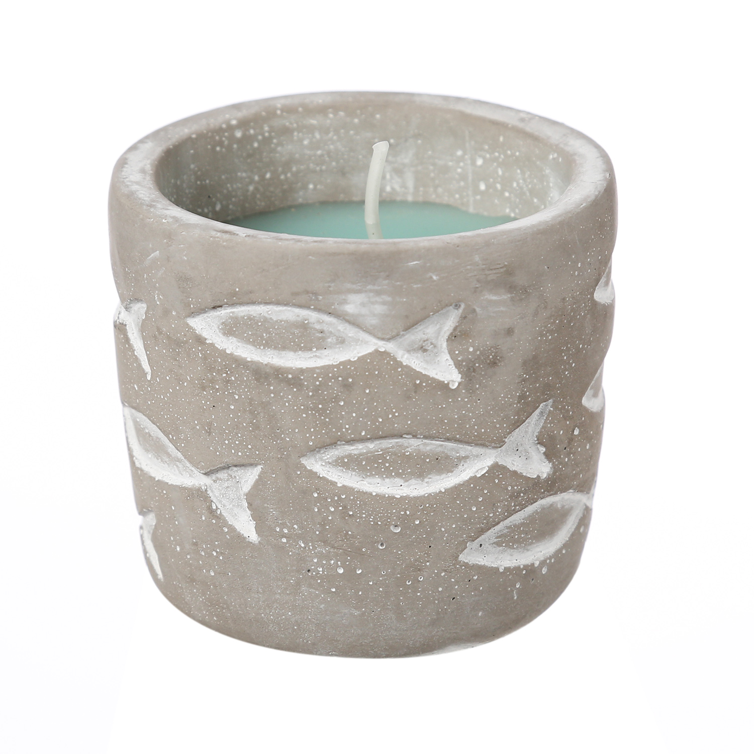 Duftkerze CITRONELLA - Echtwachs in Betontopf - Fischmuster - H: 7cm - gegen Stechmücken - hellblau