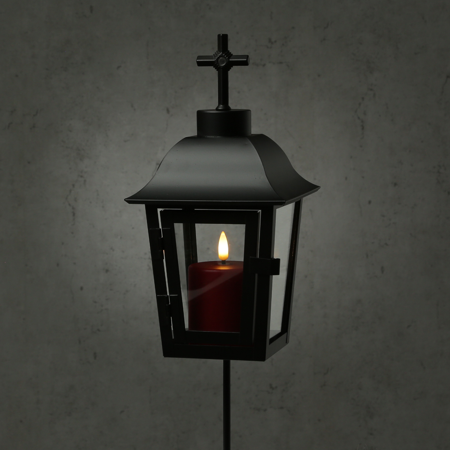 Grablaterne mit Mini LED Kerze - Grablampe mit 2 wechselbaren Spitzen/Erdspieß - H: 51cm - schwarz