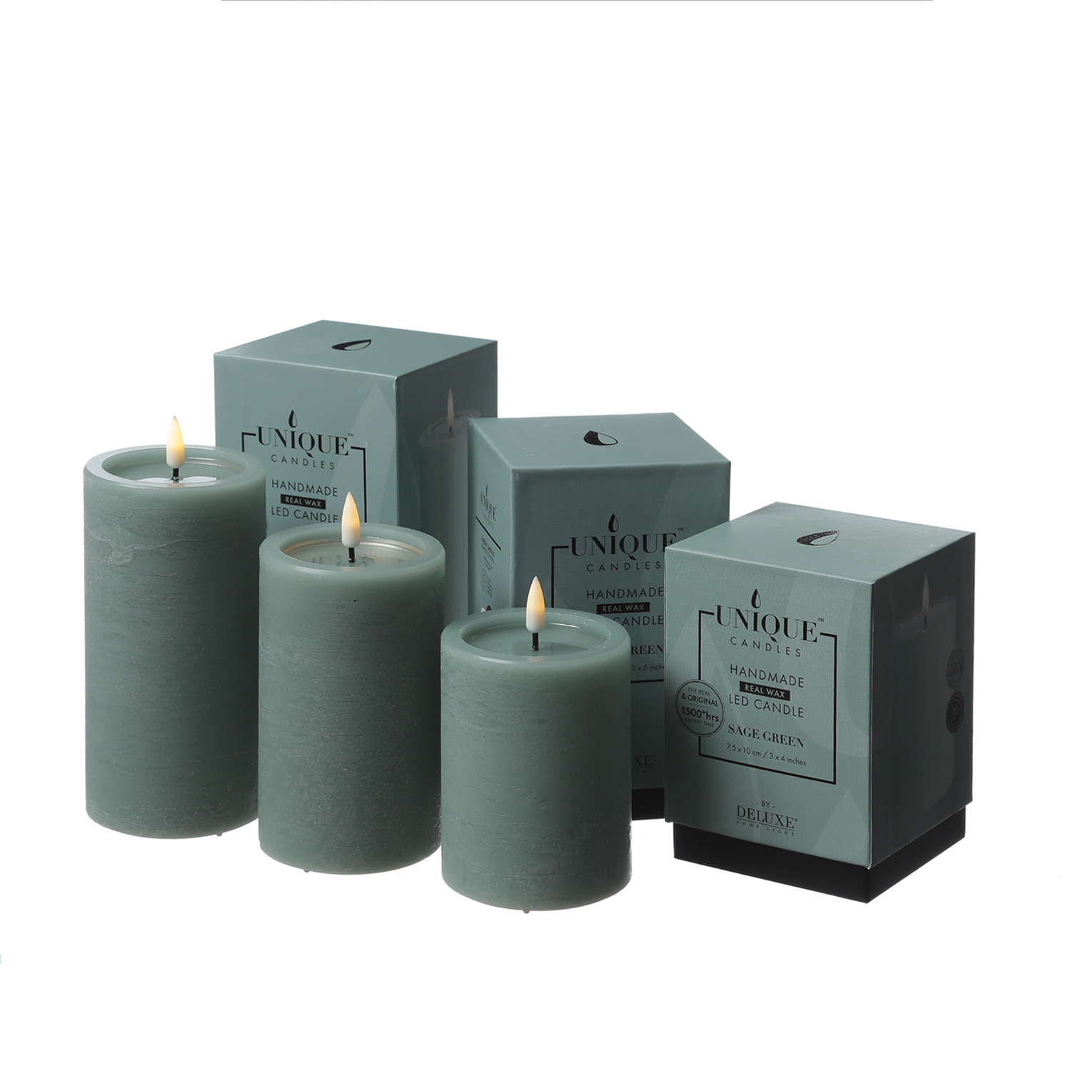 LED Kerzenset UNIQUE - Rustik-Optik - 3 Größen - mit Batterien/Fernbedienung - grün - 3er Set
