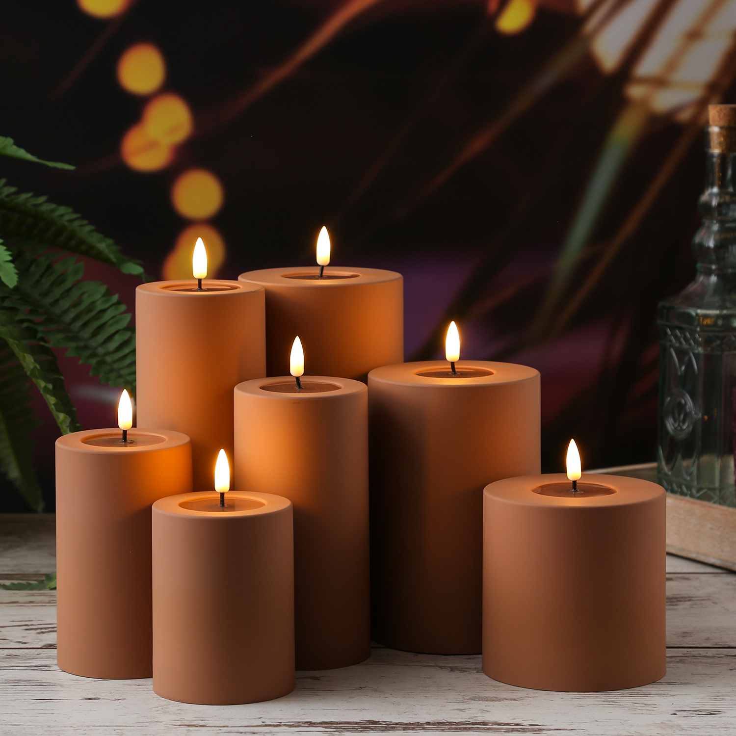 LED Stumpenkerze MIA - Kunststoff - 3D Flamme - H: 12,5cm - D: 7,5cm - für Außen - karamell