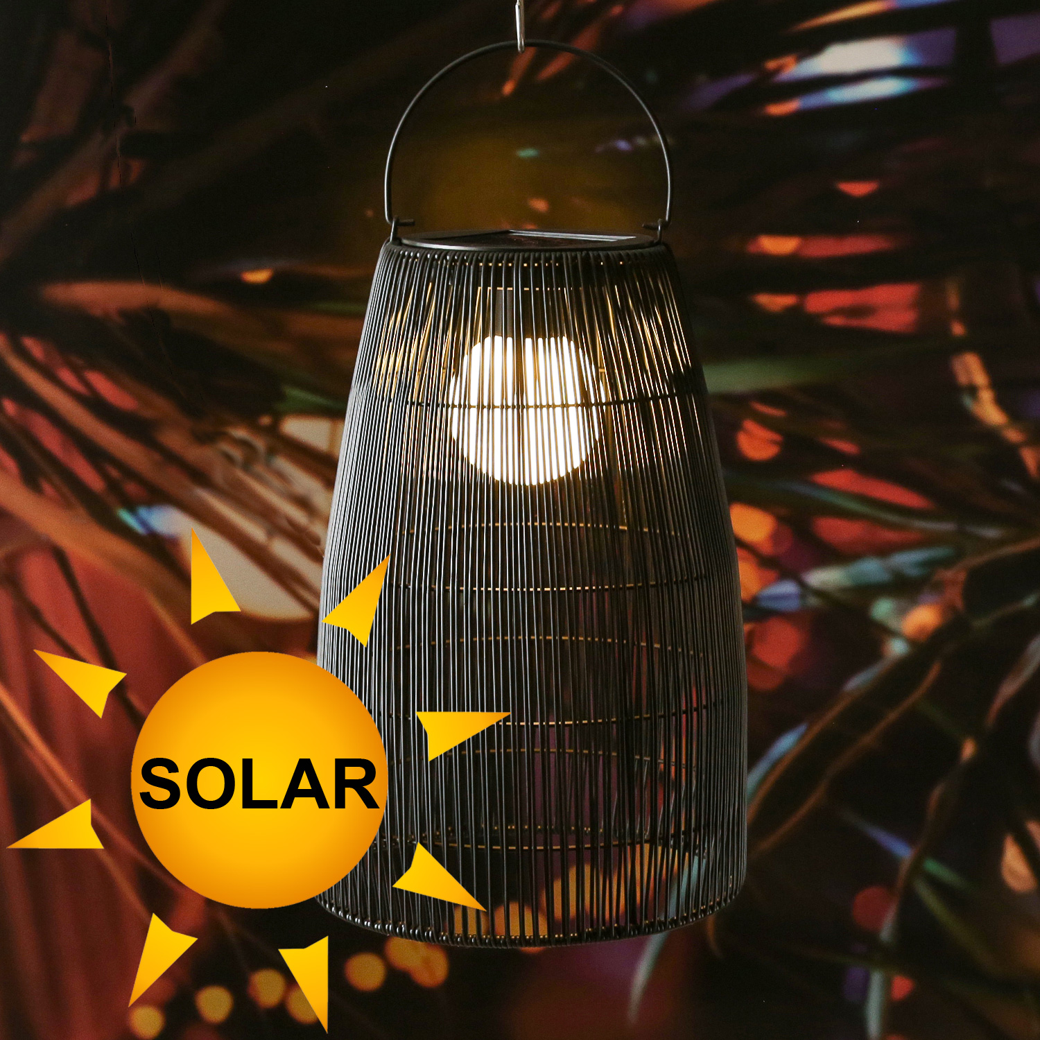 LED Solar Laterne/Hängeleuchte - Rattanoptik  - warmweiße LED - H 43cm - Lichtsensor - schwarz