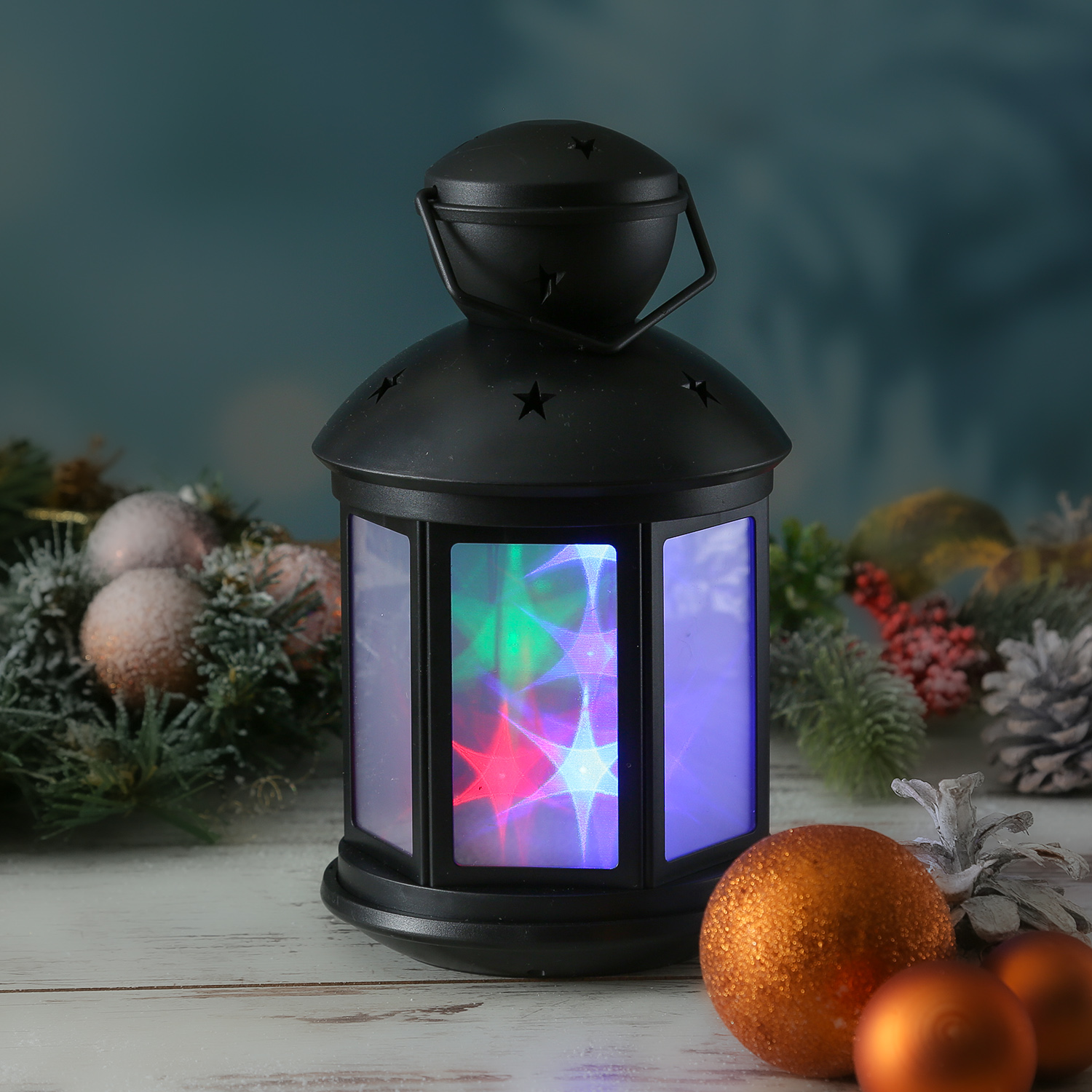 LED Laterne - farbiges bewegtes Sternenmuster - H: 22cm - Batteriebetrieb - schwarz LED Laterne - farbiges bewegtes Sternenmuster - H: 22cm - Batteriebetrieb - schwarz