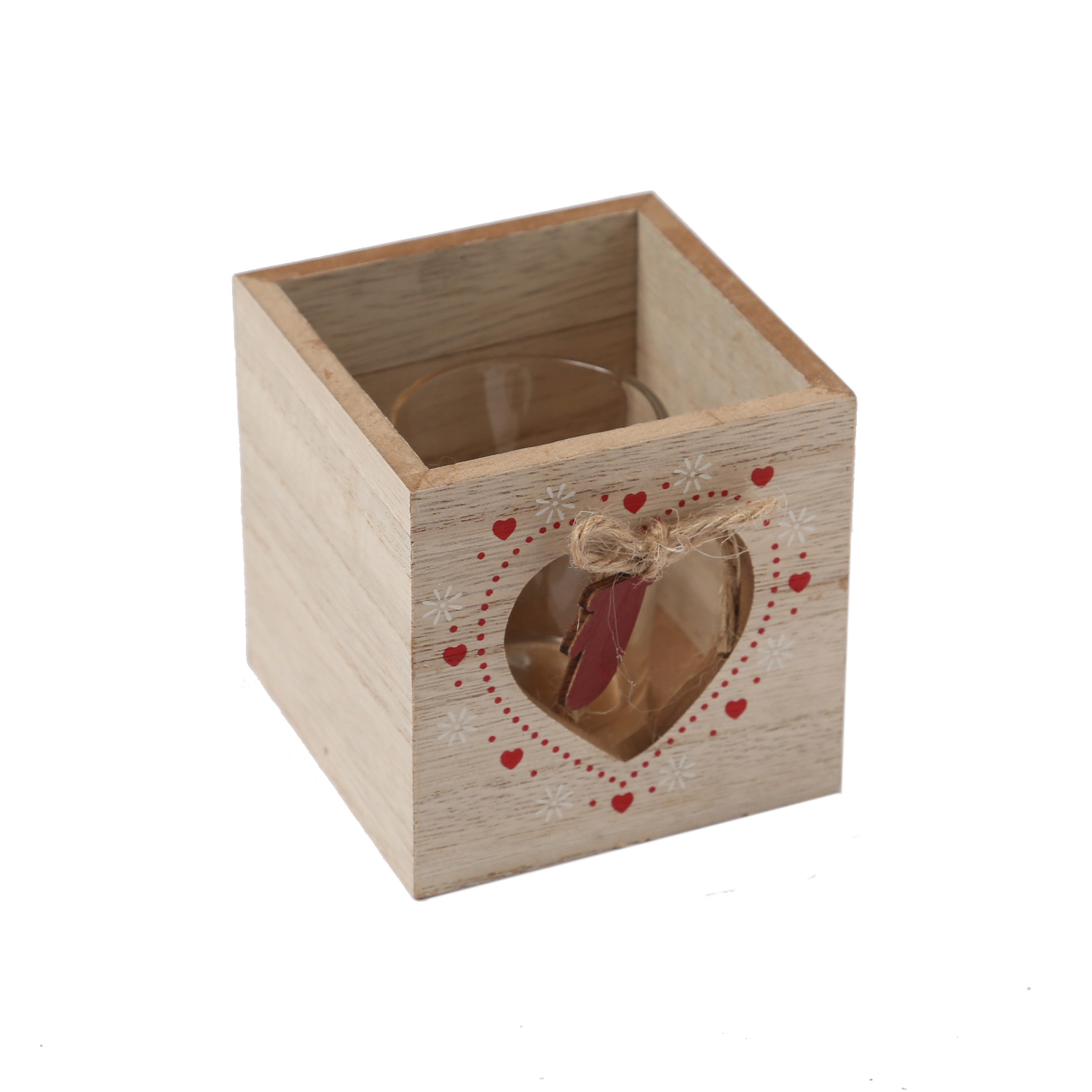 Teelichthalter HANDSCHUH IM HERZ - Windlicht - Holz - mit Glaseinsatz - H: 9cm - natur, rot Teelichthalter HANDSCHUH IM HERZ - Windlicht - Holz - mit Glaseinsatz - H: 9cm - natur, rot
