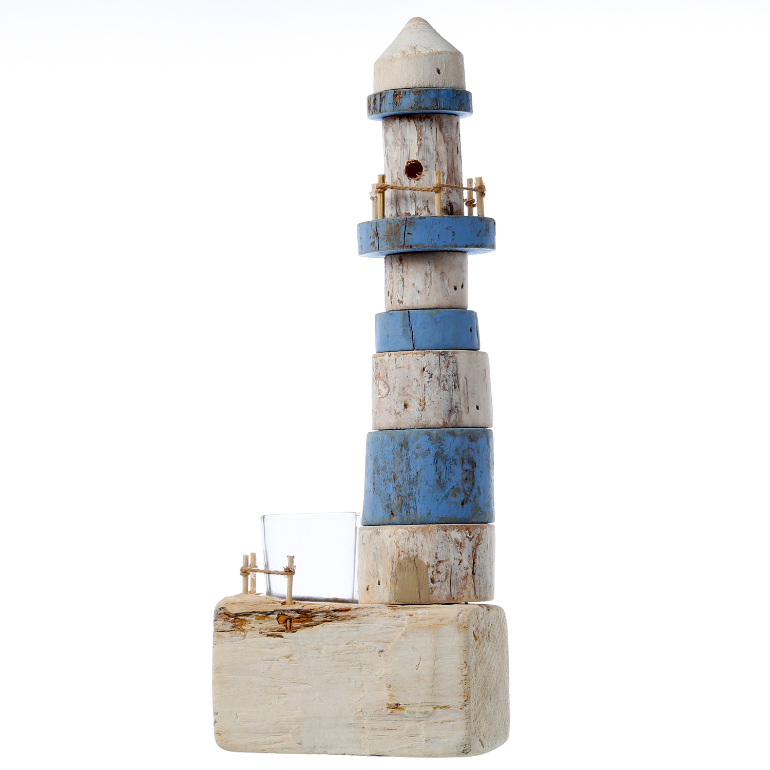 Teelichthalter Leuchtturm - Windlicht - Maritim - Holz - H: 39,5cm - weiß/blau