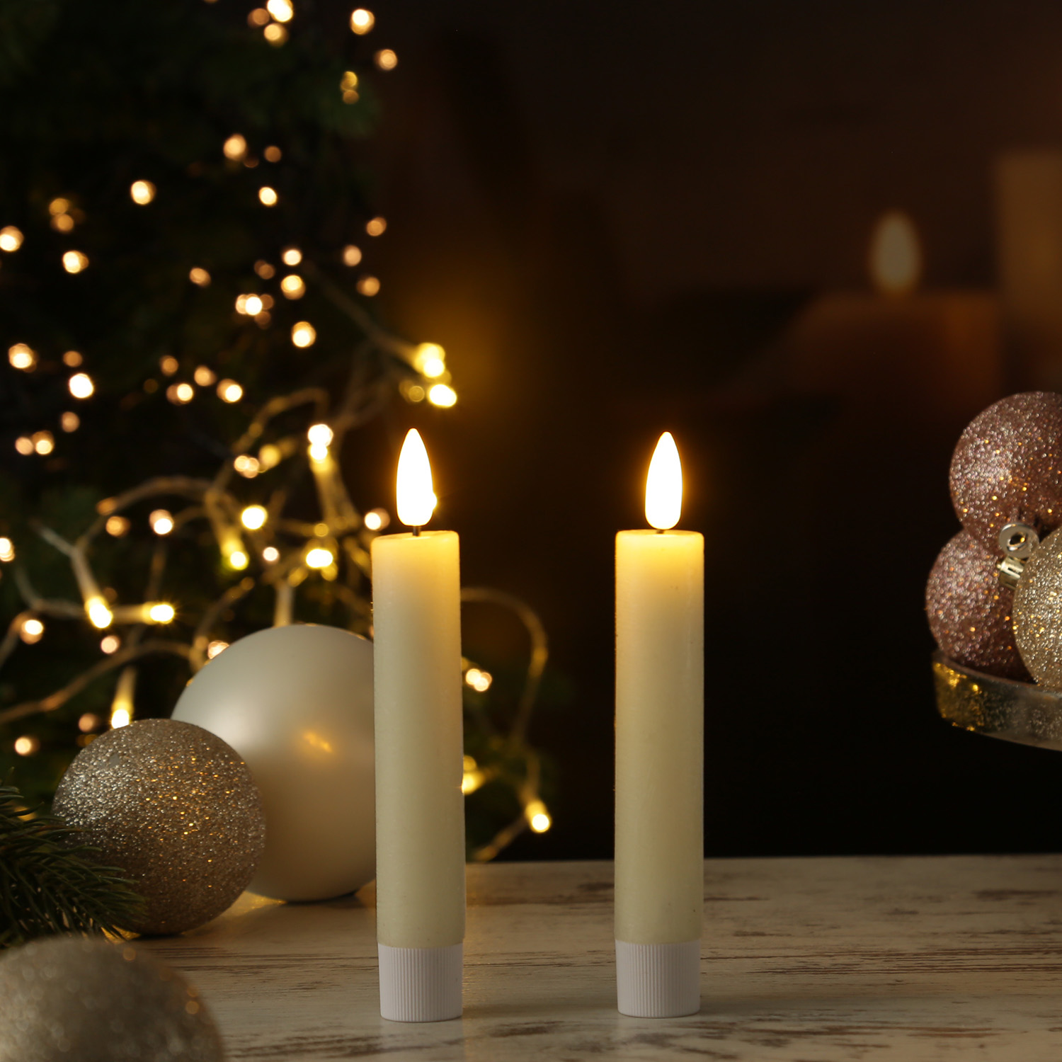 LED Stabkerzen LINA - Rustik-Optik - Echtwachs - 3D Flamme - H: 16cm - Timer - creme - 2er Set