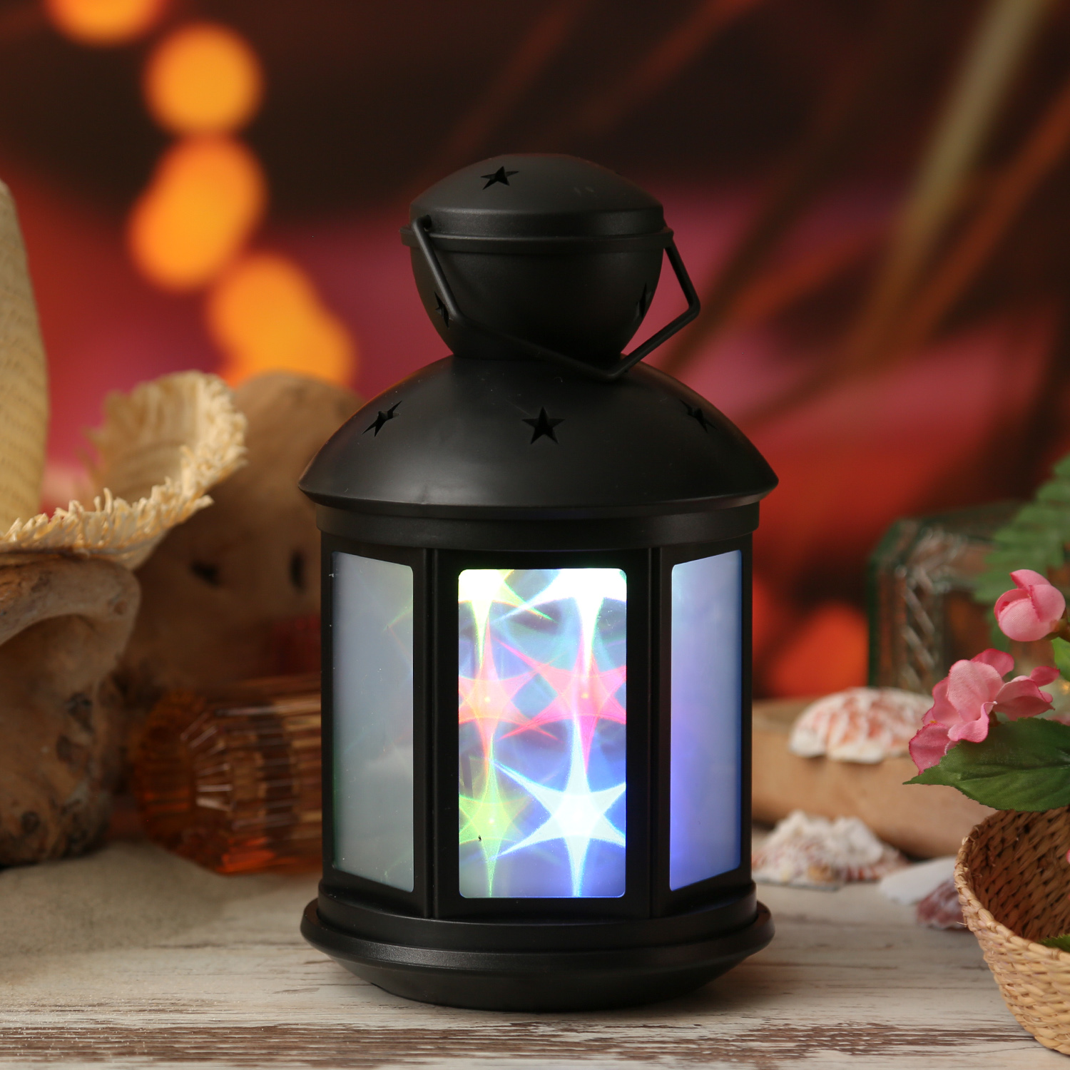 LED Laterne - farbiges bewegtes Sternenmuster - H: 22cm - Batteriebetrieb - schwarz LED Laterne - farbiges bewegtes Sternenmuster - H: 22cm - Batteriebetrieb - schwarz
