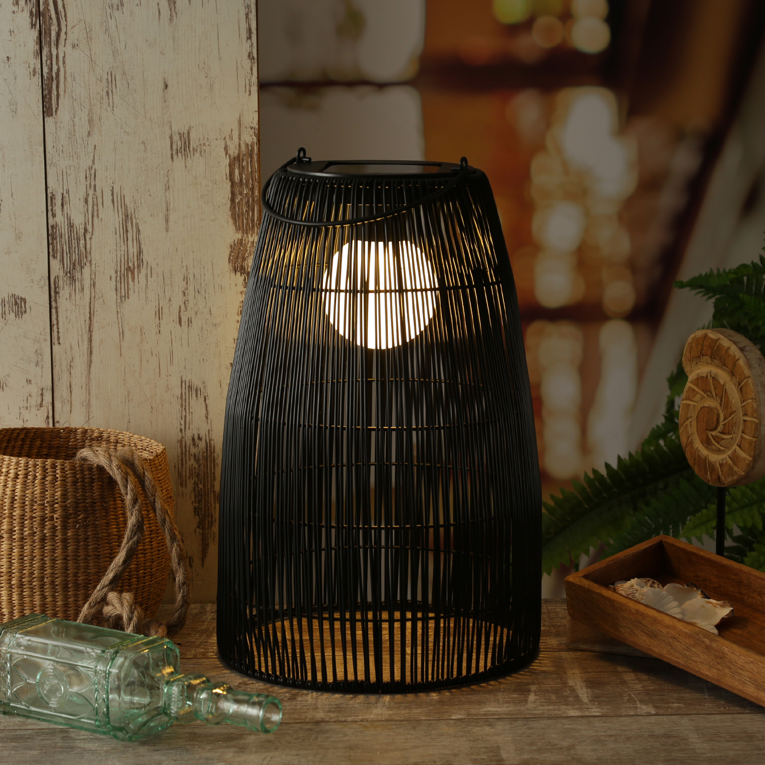 LED Solar Laterne-Haengeleuchte - Rattanoptik  - warmweisse LED - H- 43cm - Lichtsensor - schwarz