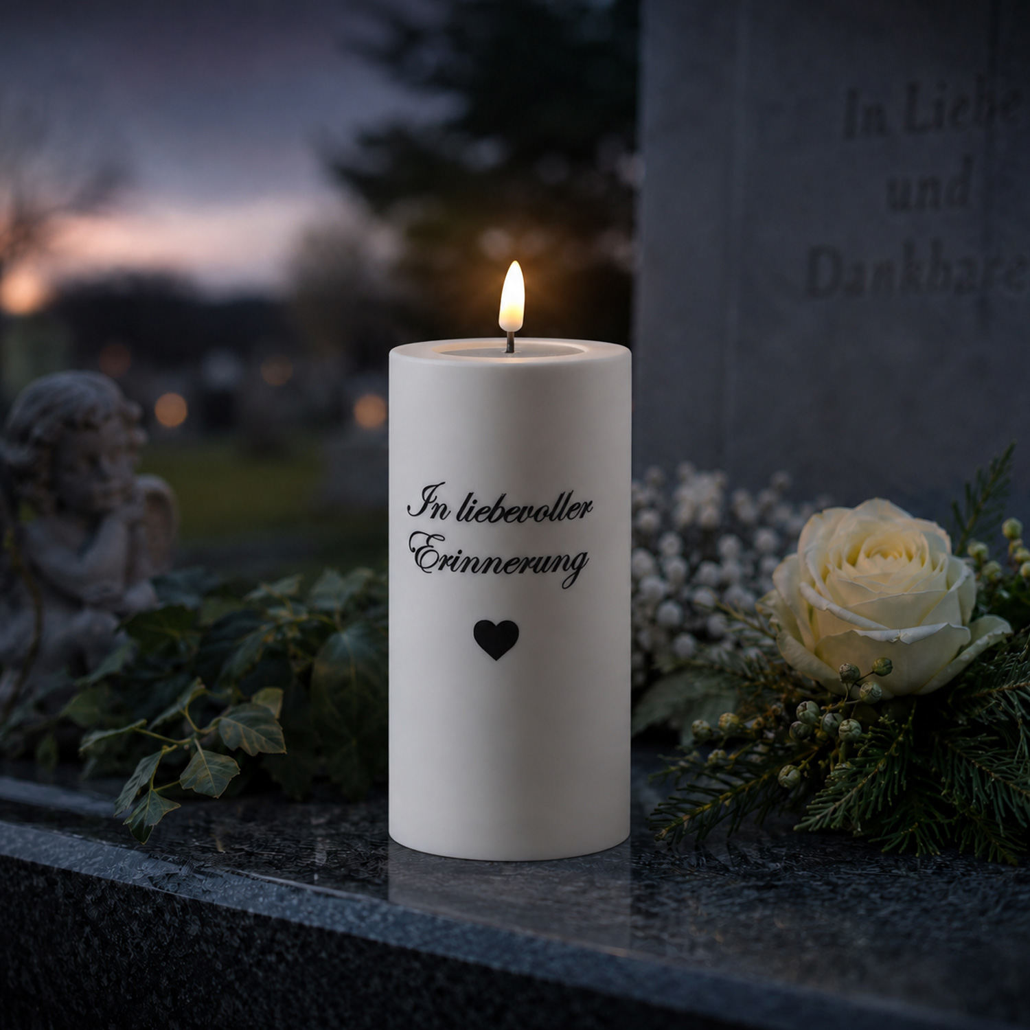 LED Grabkerze MIA - mit Schrift - Grablicht - 3D Flamme - H: 15cm - D: 7,5cm - weiß
