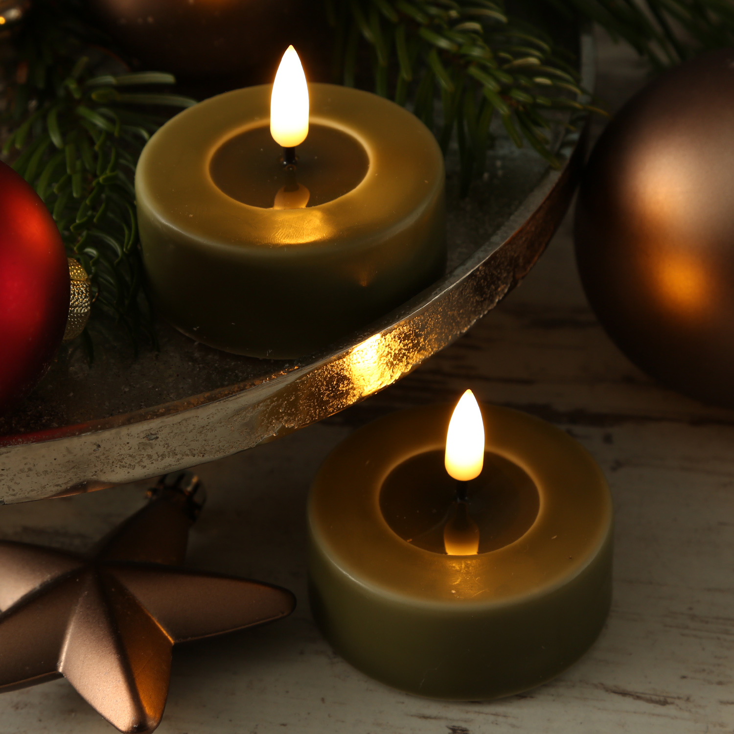 LED Teelichter MIA - Kunststoff - realistische 3D Flamme - D: 6,1cm - olivgrün - 2 Stk. LED Teelichter MIA - Kunststoff - realistische 3D Flamme - D: 6,1cm - olivgrün - 2 Stk.