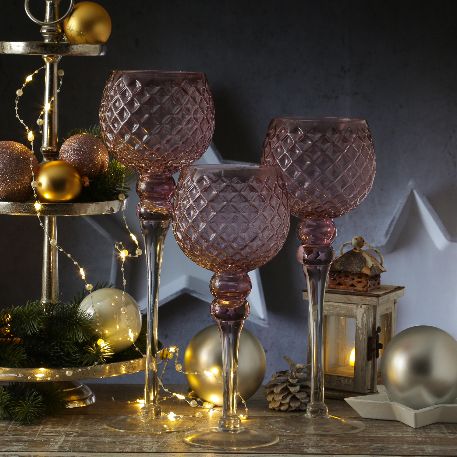 Kerzenhalter Kelch - Windlicht - Glas - H: 30,5cm/34,5cm/40cm - rosa - 3er Set