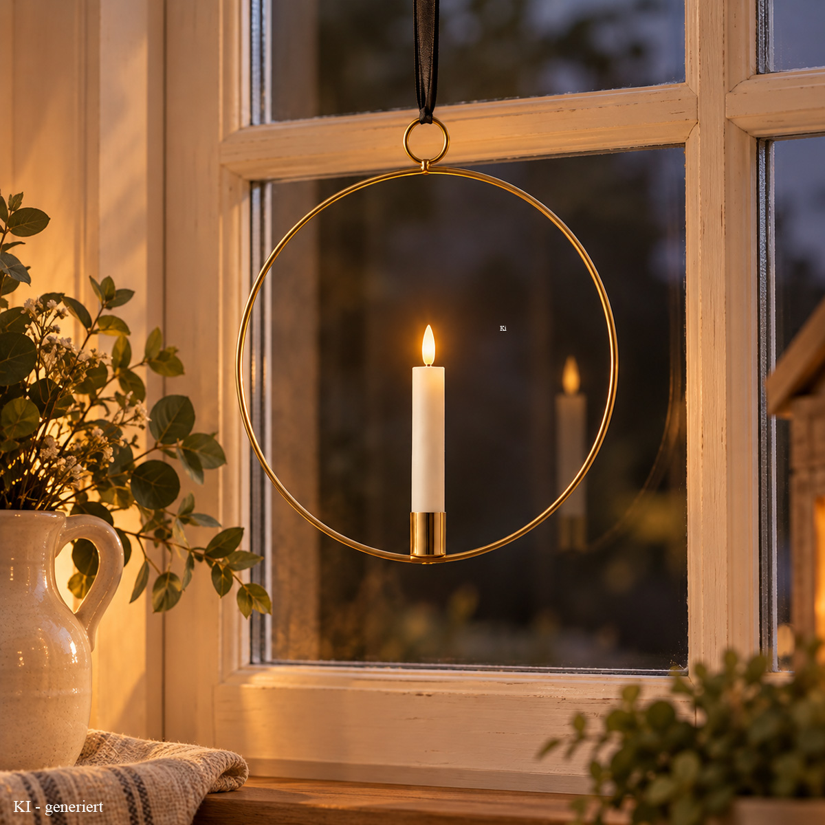 Dekoring mit LED Kerze - Fensterdeko zum Hängen - D: 28,5cm - Timer - Batterie - gold