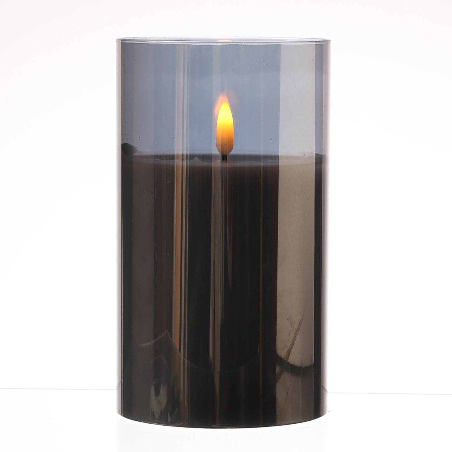 LED Kerze im Glas - Windlicht - Echtwachs - flackernde 3D Flamme - Timer - H: 17,5cm - rauchgrau LED Kerze im Glas - Windlicht - Echtwachs - flackernde 3D Flamme - Timer - H: 17,5cm - rauchgrau