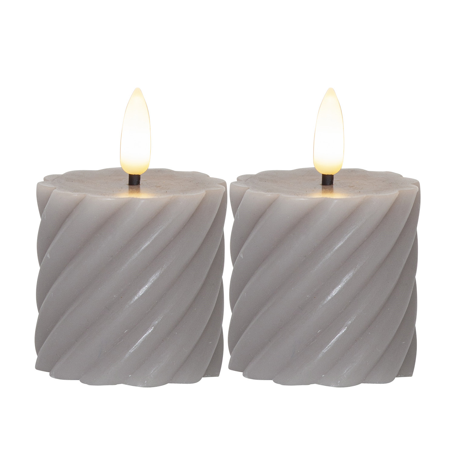 LED Stumpenkerze SWIRL - Echtwachs - warmweiße 3D Flamme - 7,5cm - Batterie - Timer - grau - 2er Set LED Stumpenkerze SWIRL - Echtwachs - warmweiße 3D Flamme - 7,5cm - Batterie - Timer - grau - 2er Set