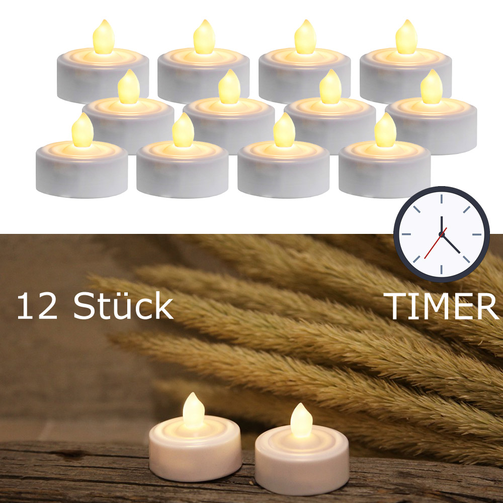 LED Teelicht 12er Set "Paulo" - warmweiße flackernde Flamme - Batteriebetrieb - Timer - H: 2,9cm