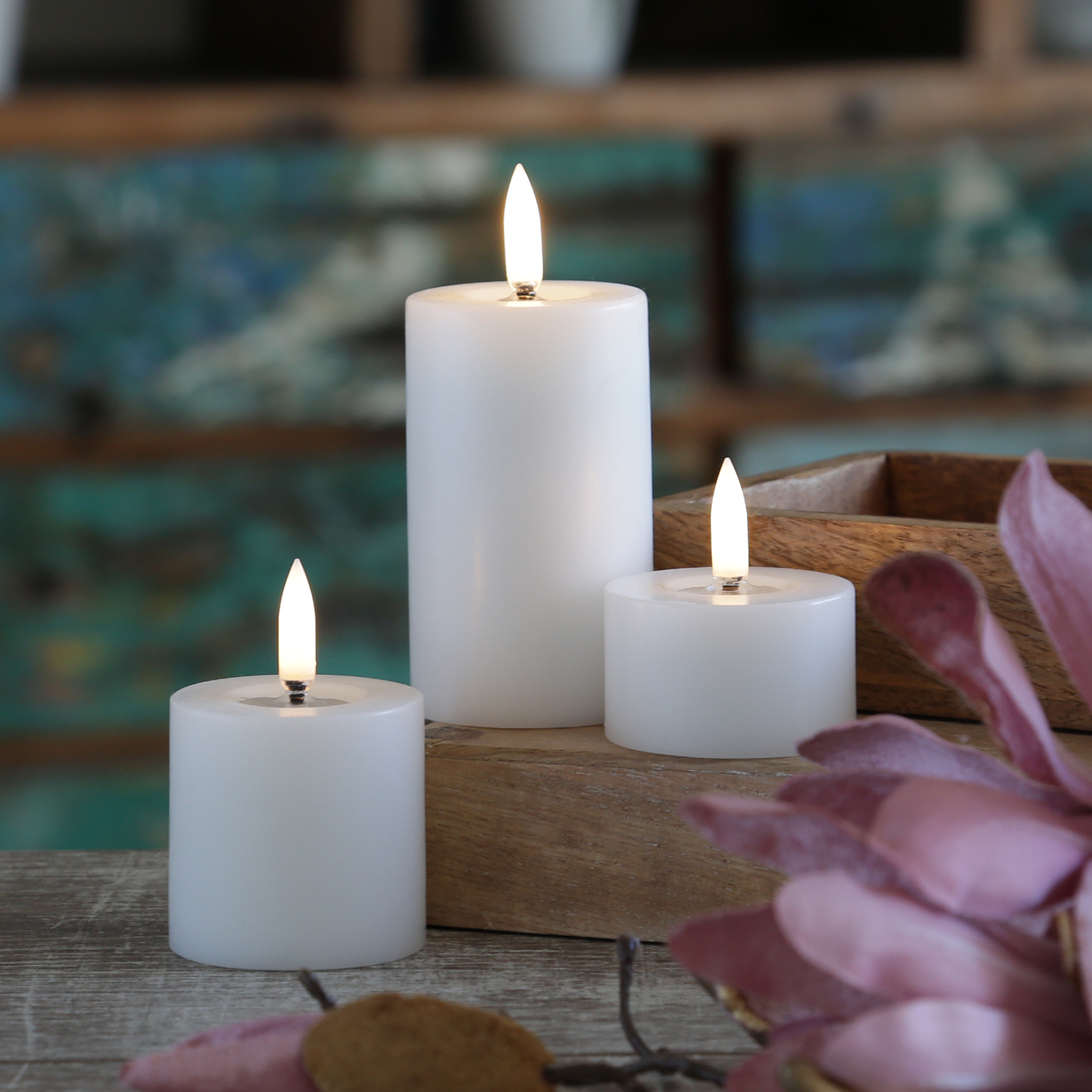LED Mini Kerzenset THEA - Echtwachs - 3 Groessen - D- 5cm - Timer - weiss - 3er Set