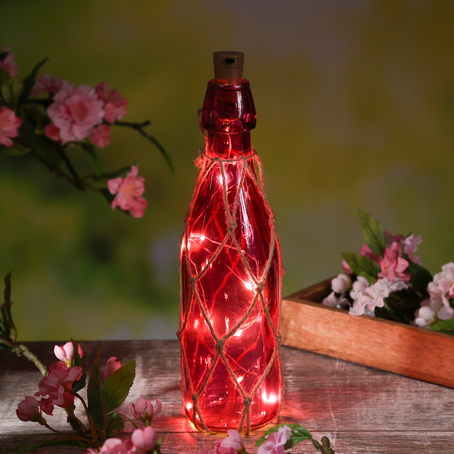 LED Dekoflasche mit Juteseil und LED Drahtlichterkette - Leuchtflasche - H: 28cm - pink