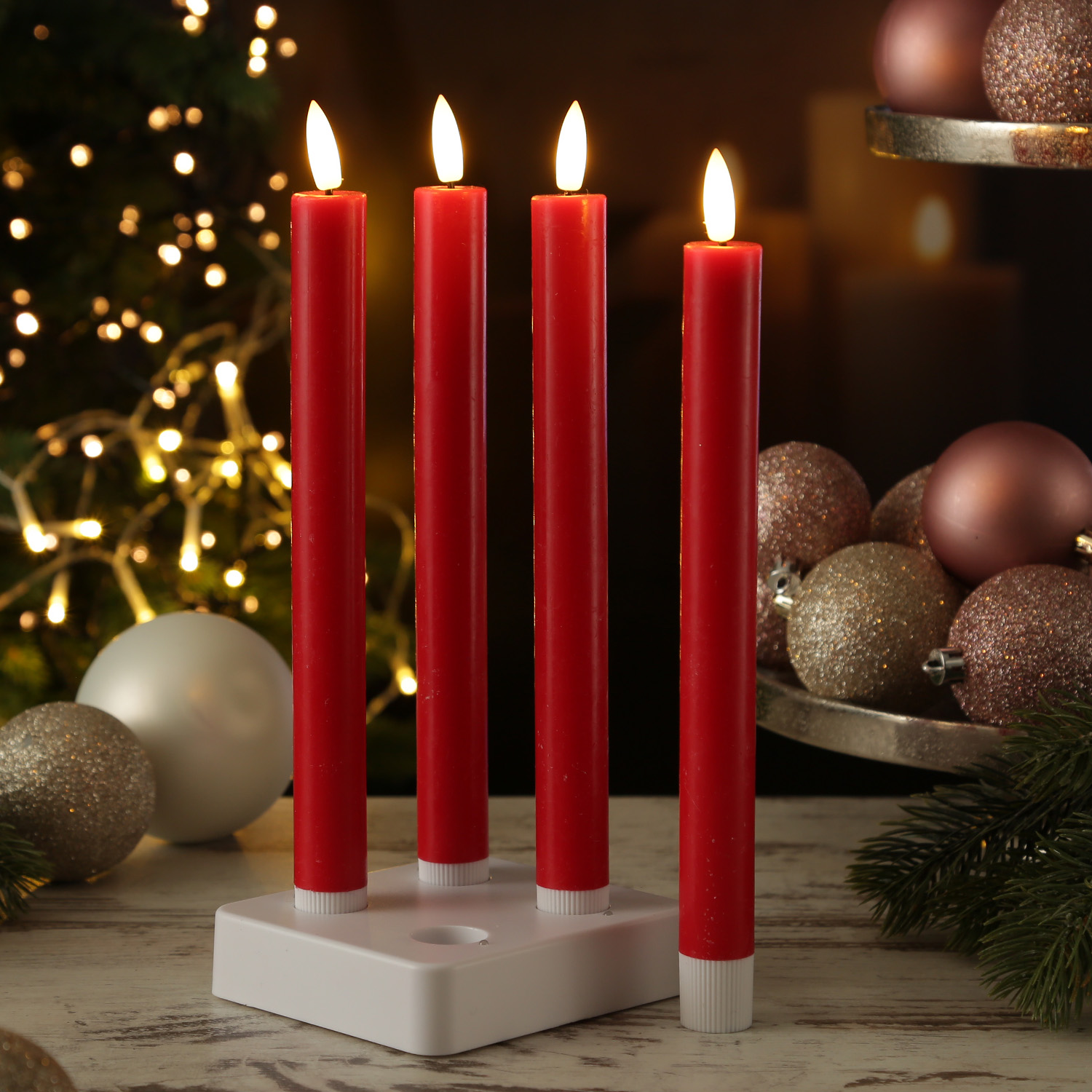 LED Stabkerzen - Kunststoff - bewegliche Flamme - Timer - H: 24cm - rot