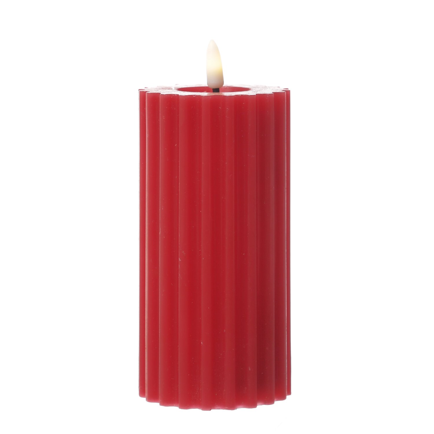 LED Kerze LIV - gerillt - Echtwachs - warmweiße 3D Flamme - H: 17,5cm - D: 7,5cm - Timer - rot LED Kerze LIV - gerillt - Echtwachs - warmweiße 3D Flamme - H: 17,5cm - D: 7,5cm - Timer - rot